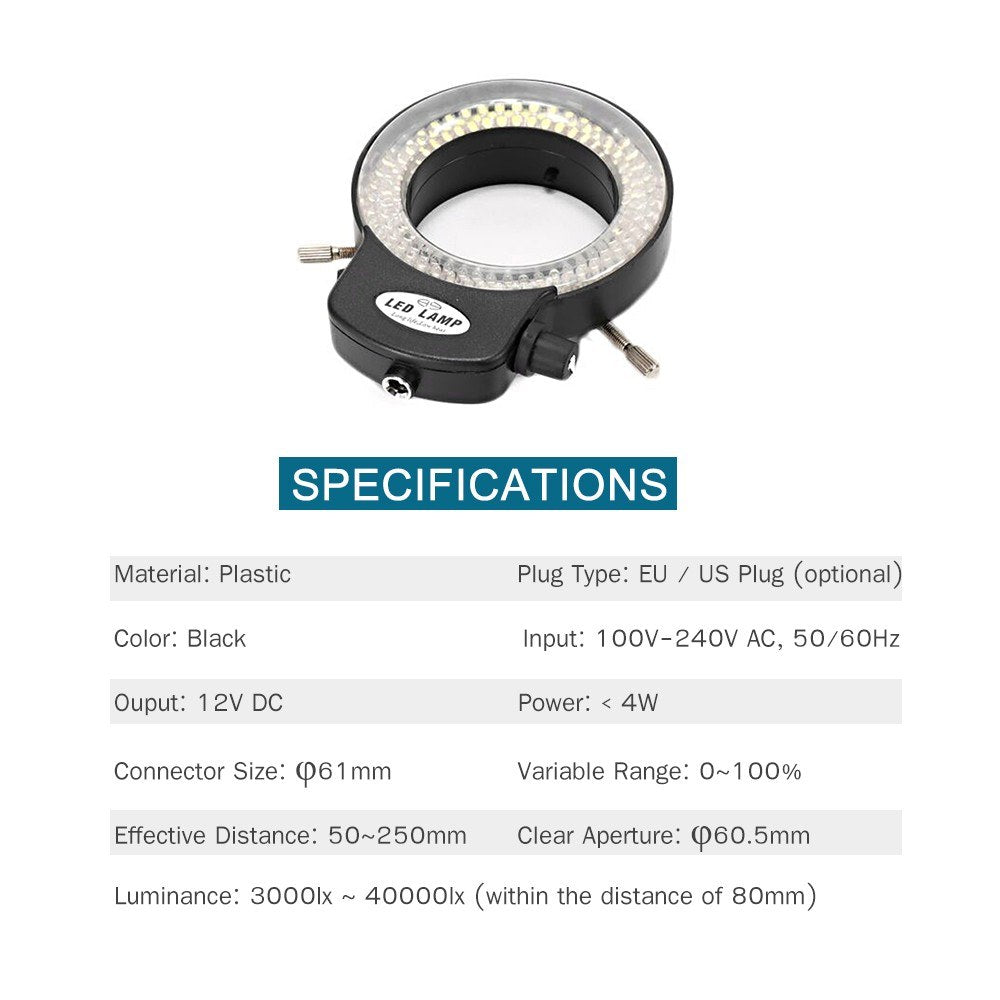Adjustable 144 LED Ring Light with Dimmer for Stereo Microscopes and Cameras