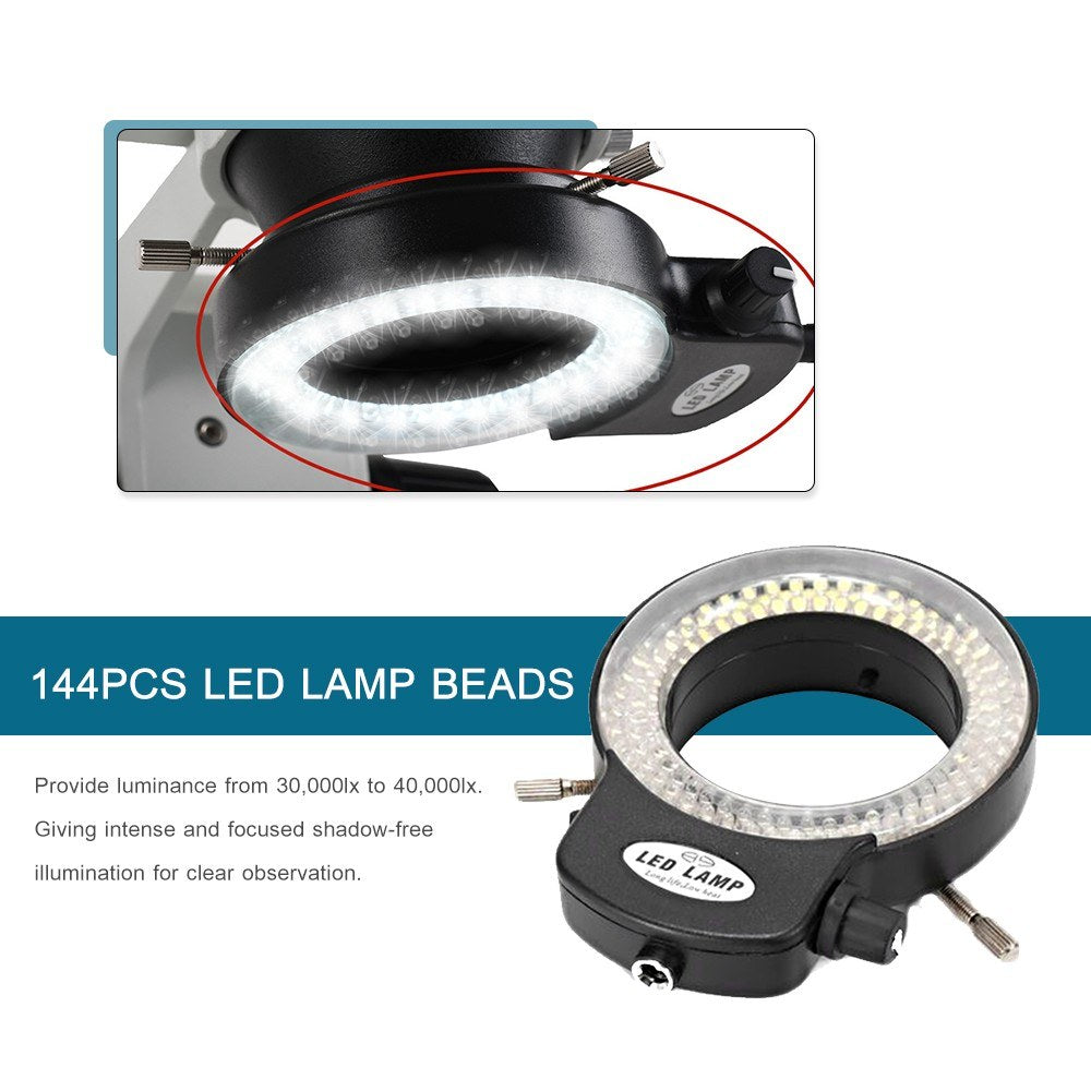 Adjustable 144 LED Ring Light with Dimmer for Stereo Microscopes and Cameras
