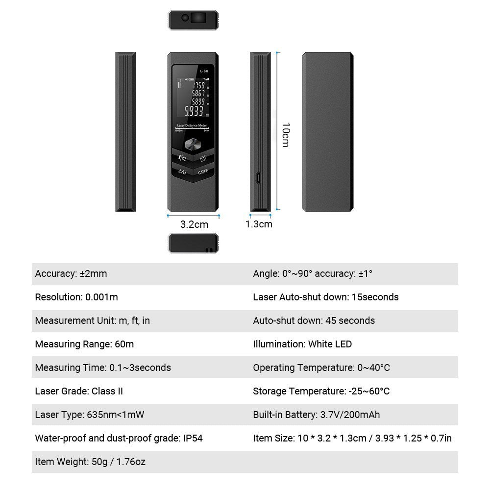 Portable Digital Laser Rangefinder Mini Distance Meter for Area & Volume Measurement