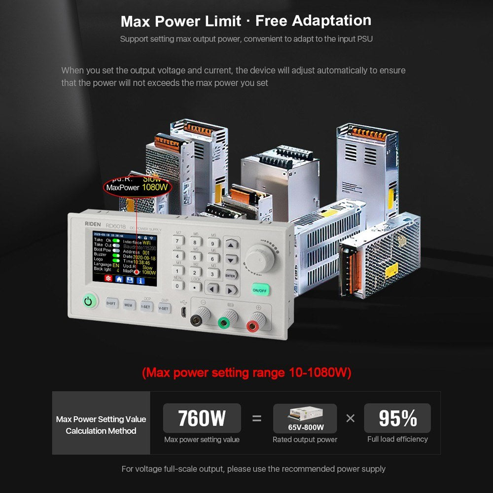 RD6018 18A DC Power Module: CV/CC, Keypad & PC Control, WiFi/App Support, Firmware Updatable