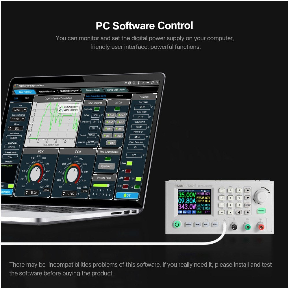 RD6018 18A DC Power Module: CV/CC, Keypad & PC Control, WiFi/App Support, Firmware Updatable