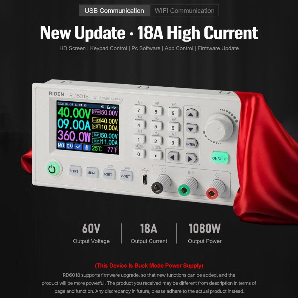 RD6018 18A DC Power Module: CV/CC, Keypad & PC Control, WiFi/App Support, Firmware Updatable