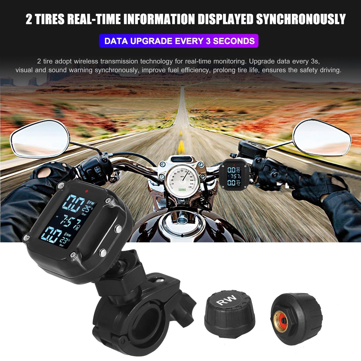 Wireless Waterproof Motorcycle TPMS with Magnetic Charging, 7 Alarm Modes, and 2 External Sensors