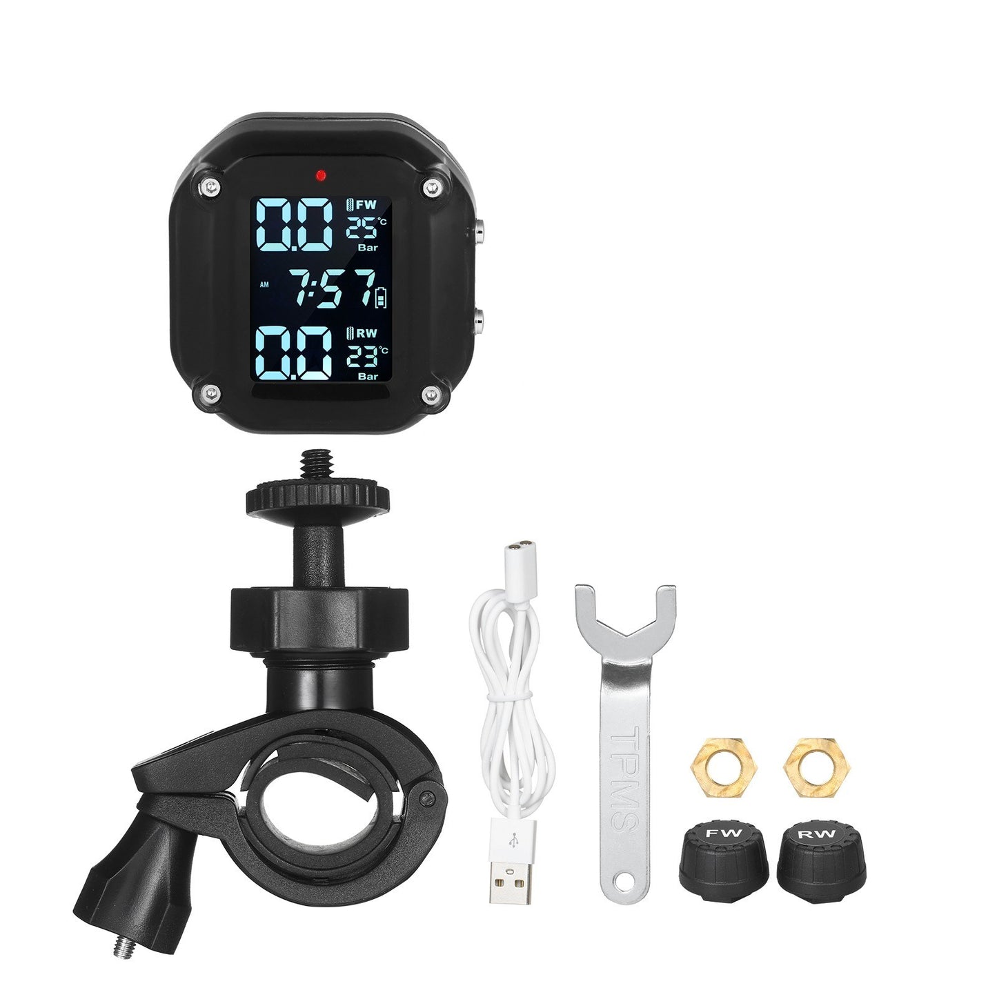 Wireless Waterproof Motorcycle TPMS with Magnetic Charging, 7 Alarm Modes, and 2 External Sensors