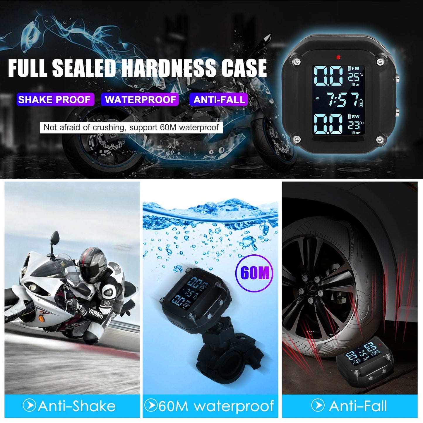 Wireless Waterproof Motorcycle TPMS with Magnetic Charging, 7 Alarm Modes, and 2 External Sensors