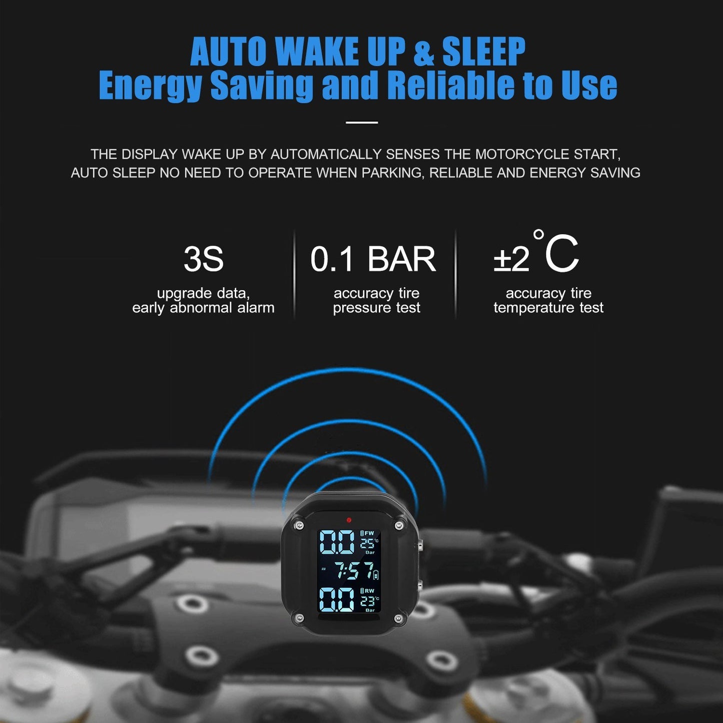 Wireless Waterproof Motorcycle TPMS with Magnetic Charging, 7 Alarm Modes, and 2 External Sensors