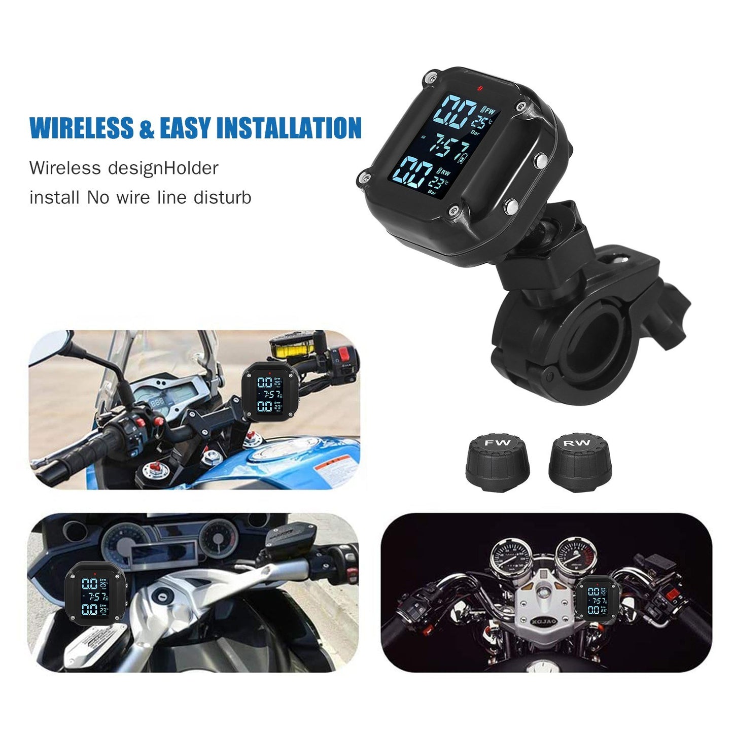 Wireless Waterproof Motorcycle TPMS with Magnetic Charging, 7 Alarm Modes, and 2 External Sensors