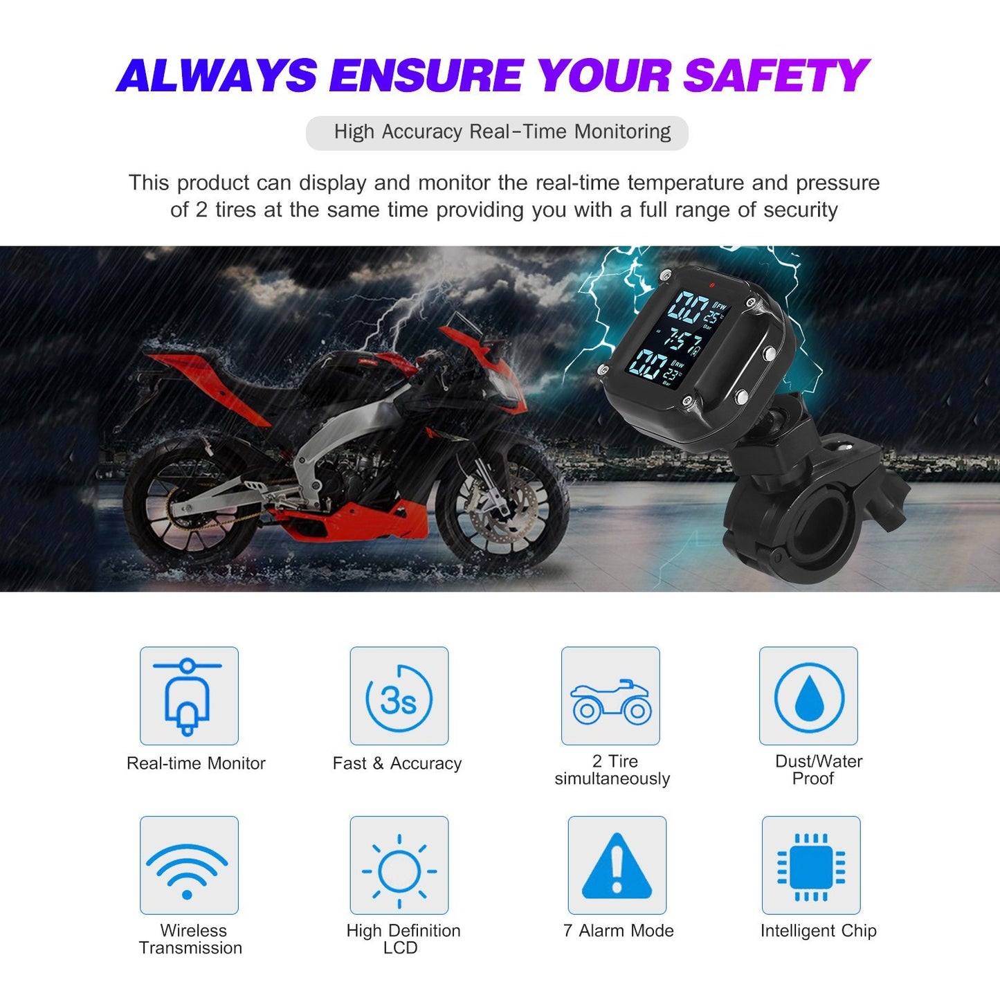 Wireless Waterproof Motorcycle TPMS with Magnetic Charging, 7 Alarm Modes, and 2 External Sensors