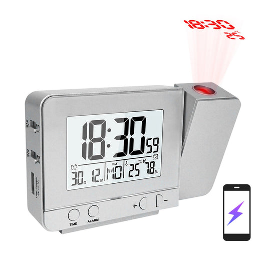 Digital Projection Alarm Clock with Thermometer & Hygrometer, 180° Rotatable Ceiling Display, Dual Alarms, Dimmable LED, USB Charger, 12/24H Snooze