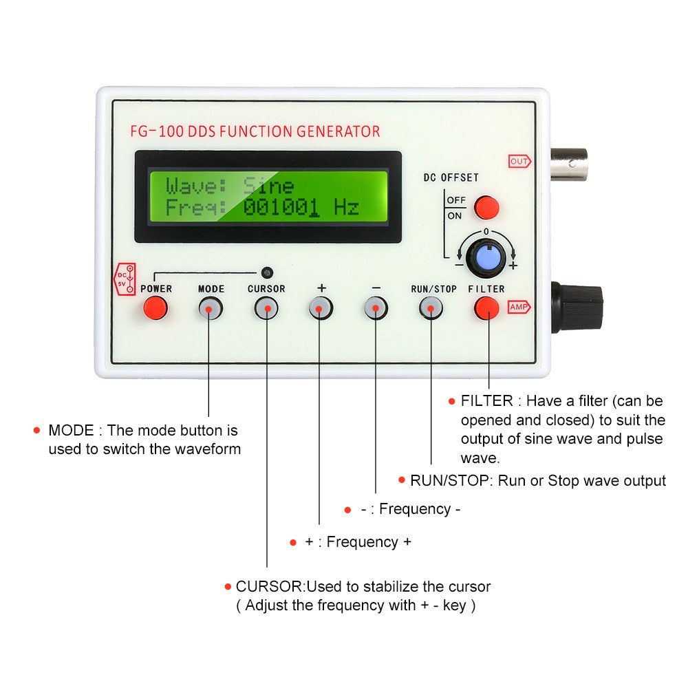 FG-100 DDS Signal Generator: 1Hz-500kHz Sine, Triangle, Square, Sawtooth, ECG Waveforms & Frequency Counter Module