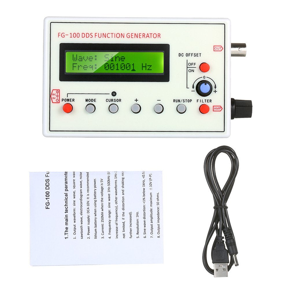 FG-100 DDS Signal Generator: 1Hz-500kHz Sine, Triangle, Square, Sawtooth, ECG Waveforms & Frequency Counter Module