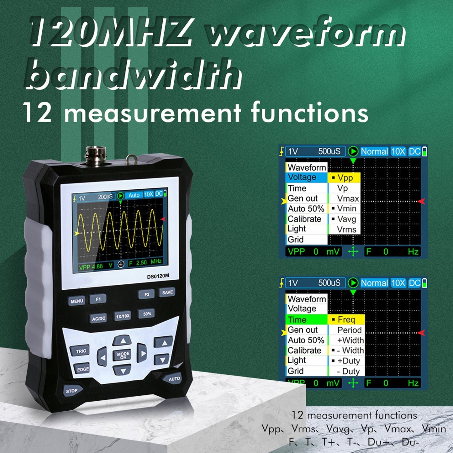 KKmoon DS0120M 120MHz 2.4 TFT Color Screen Digital Oscilloscope, 320x240 Resolution, 500MSa/s Sampling, Backlit Waveform Storage