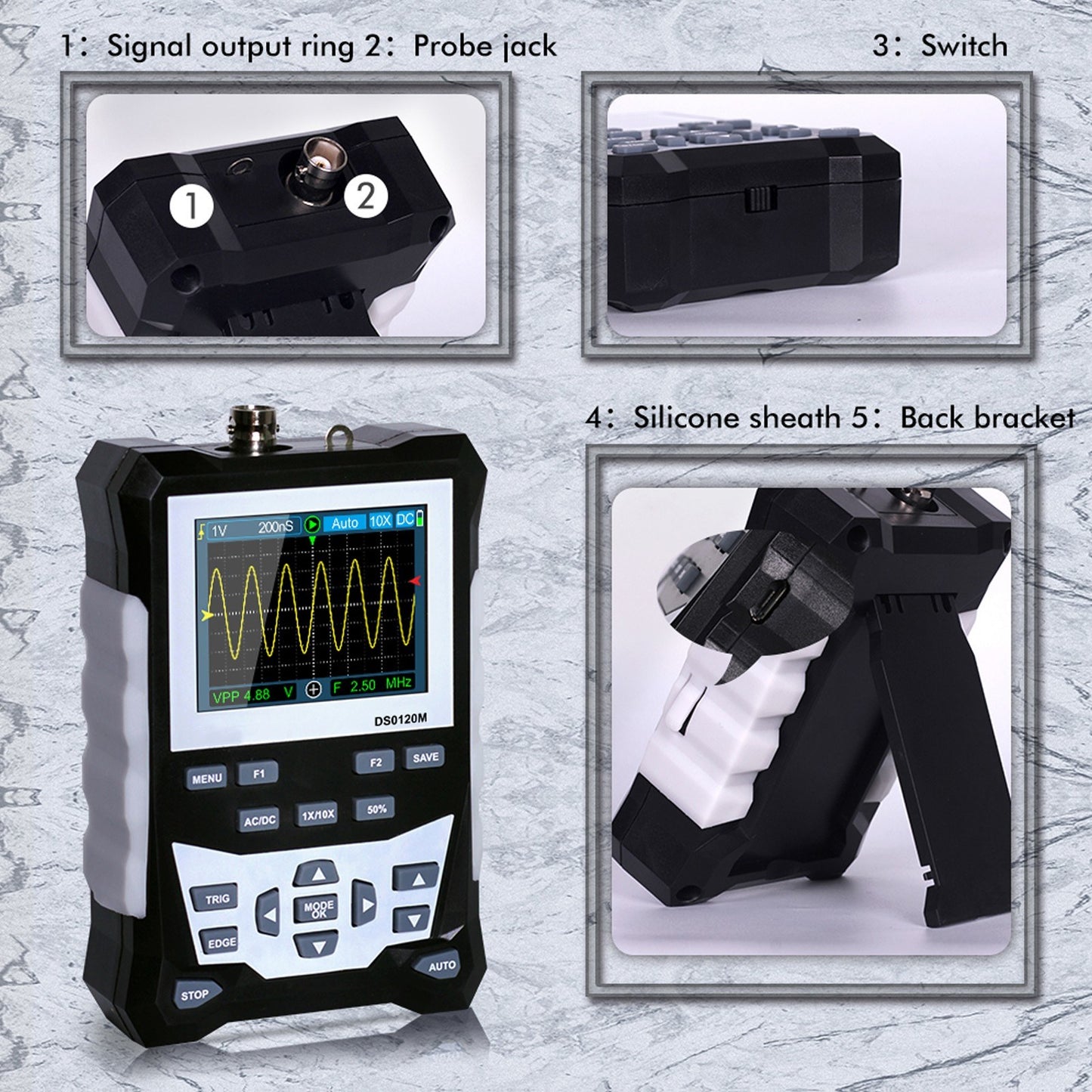 KKmoon DS0120M 120MHz 2.4 TFT Color Screen Digital Oscilloscope, 320x240 Resolution, 500MSa/s Sampling, Backlit Waveform Storage