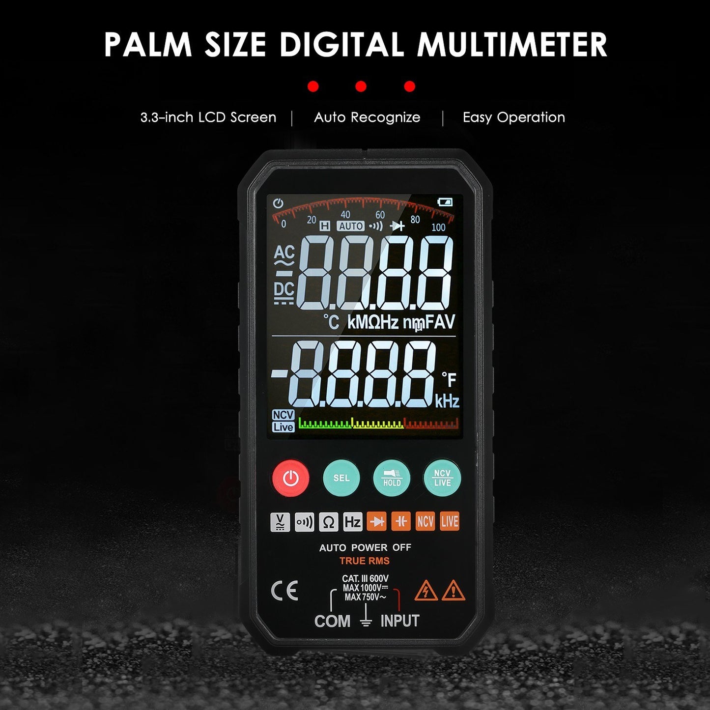 Palm-Size 3.3 LCD Digital Multimeter, 6000 Counts True RMS Universal Meter, Super Slim Design