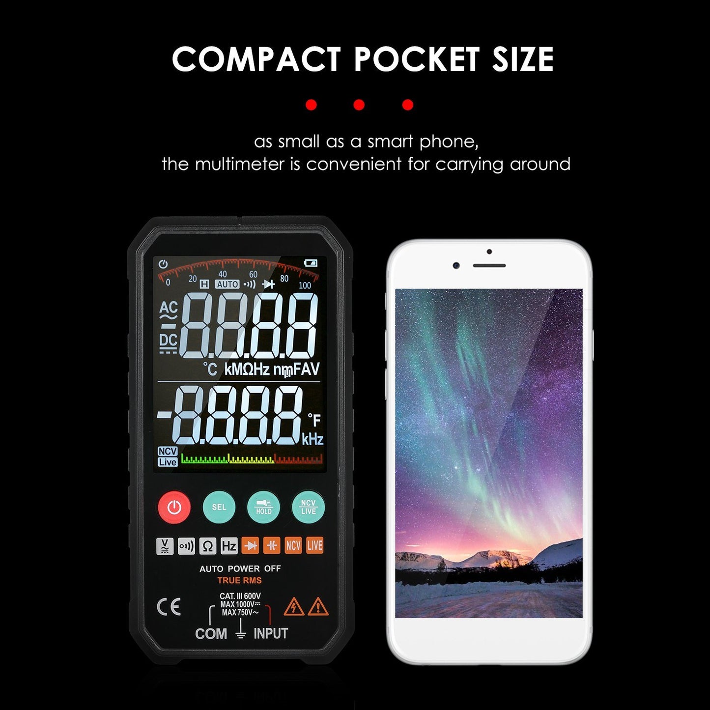 Palm-Size 3.3 LCD Digital Multimeter, 6000 Counts True RMS Universal Meter, Super Slim Design