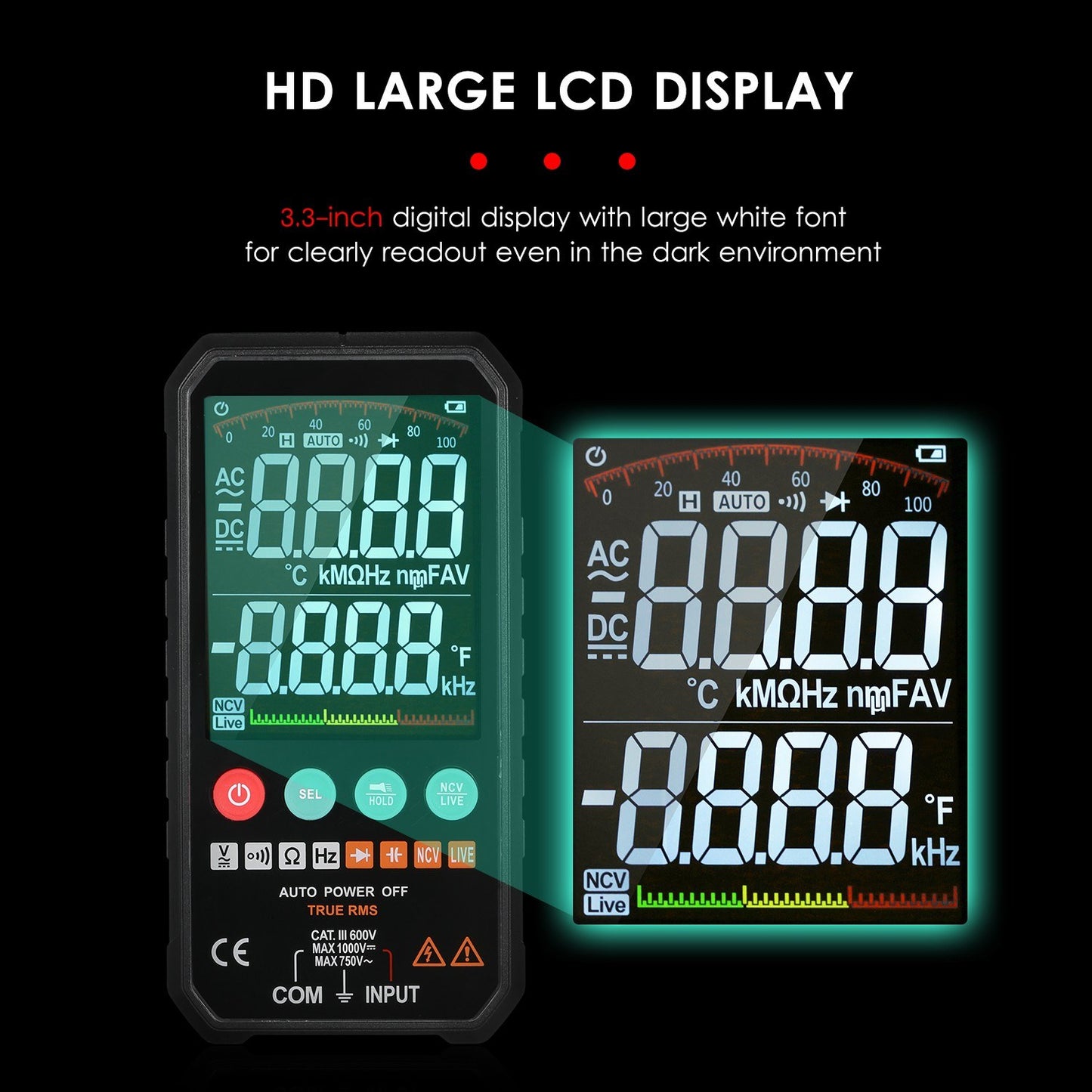 Palm-Size 3.3 LCD Digital Multimeter, 6000 Counts True RMS Universal Meter, Super Slim Design