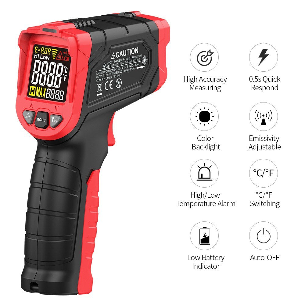 Digital Handheld IR Thermometer - Non-contact Infrared Temperature Tester, 12:1 Pyrometer, LCD Display, -50 to 880℃ (-58 to 1616℉), Centigrade & Fahrenheit