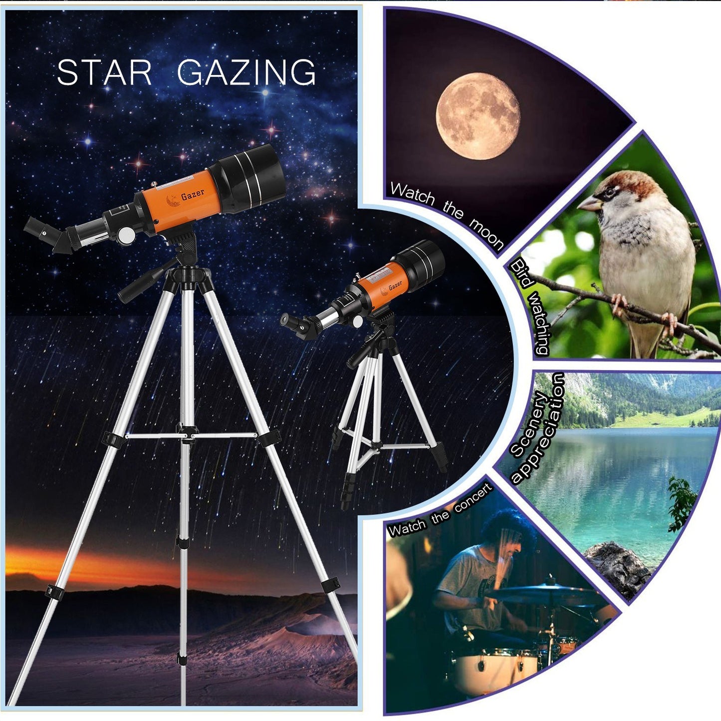 70mm High Power Refractor Telescope with Tripod, Moon Filter & 3X Barlow Lens for Star Gazing, Bird Watching & Camping