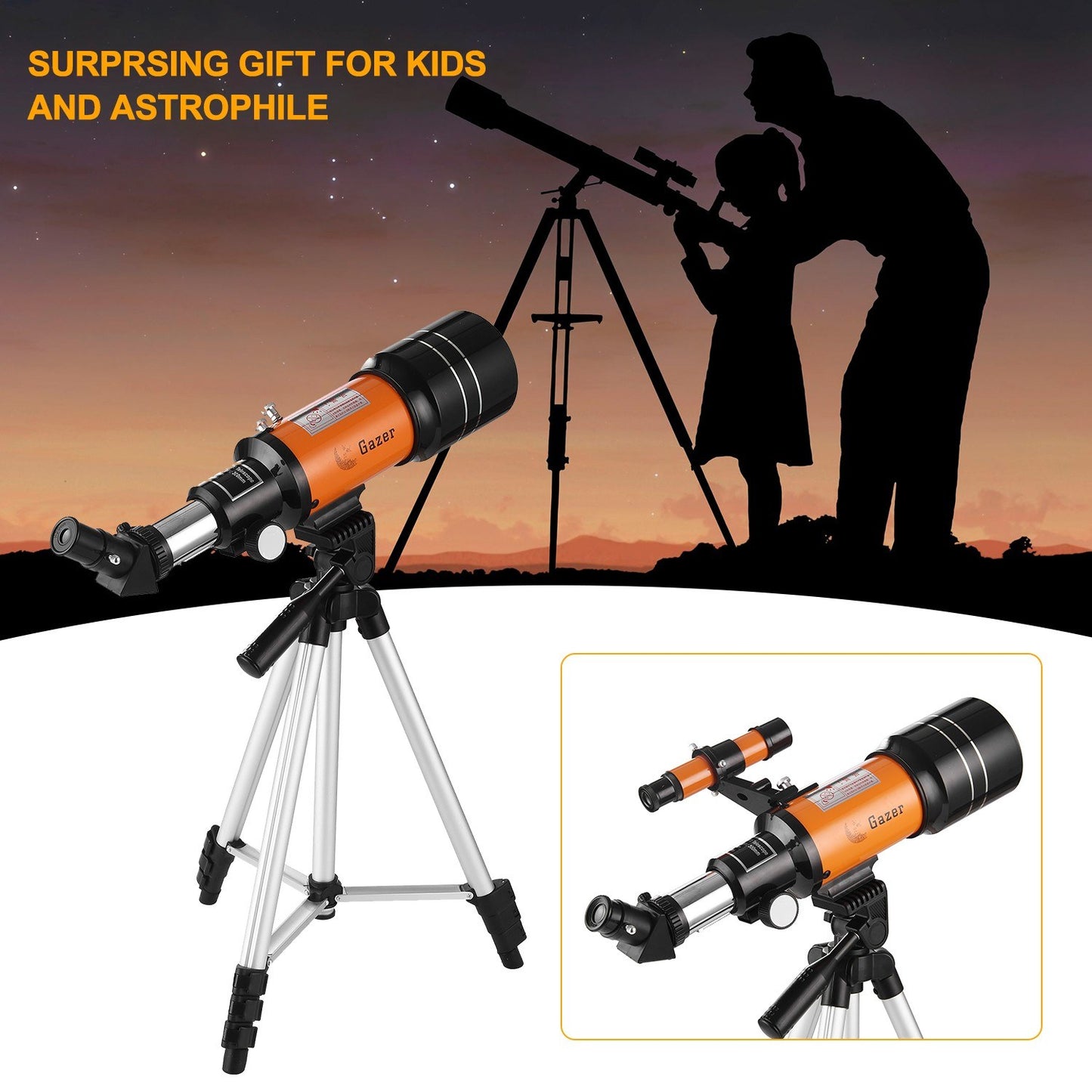 70mm High Power Refractor Telescope with Tripod, Moon Filter & 3X Barlow Lens for Star Gazing, Bird Watching & Camping