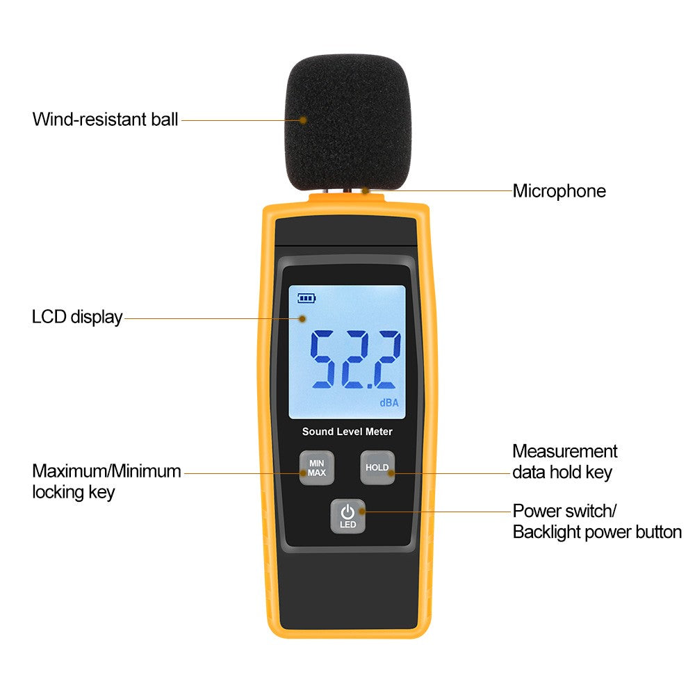 Digital Sound Level Meter 30-130dBA Noise Measuring Tool with Max/Min/Data Hold LCD Display
