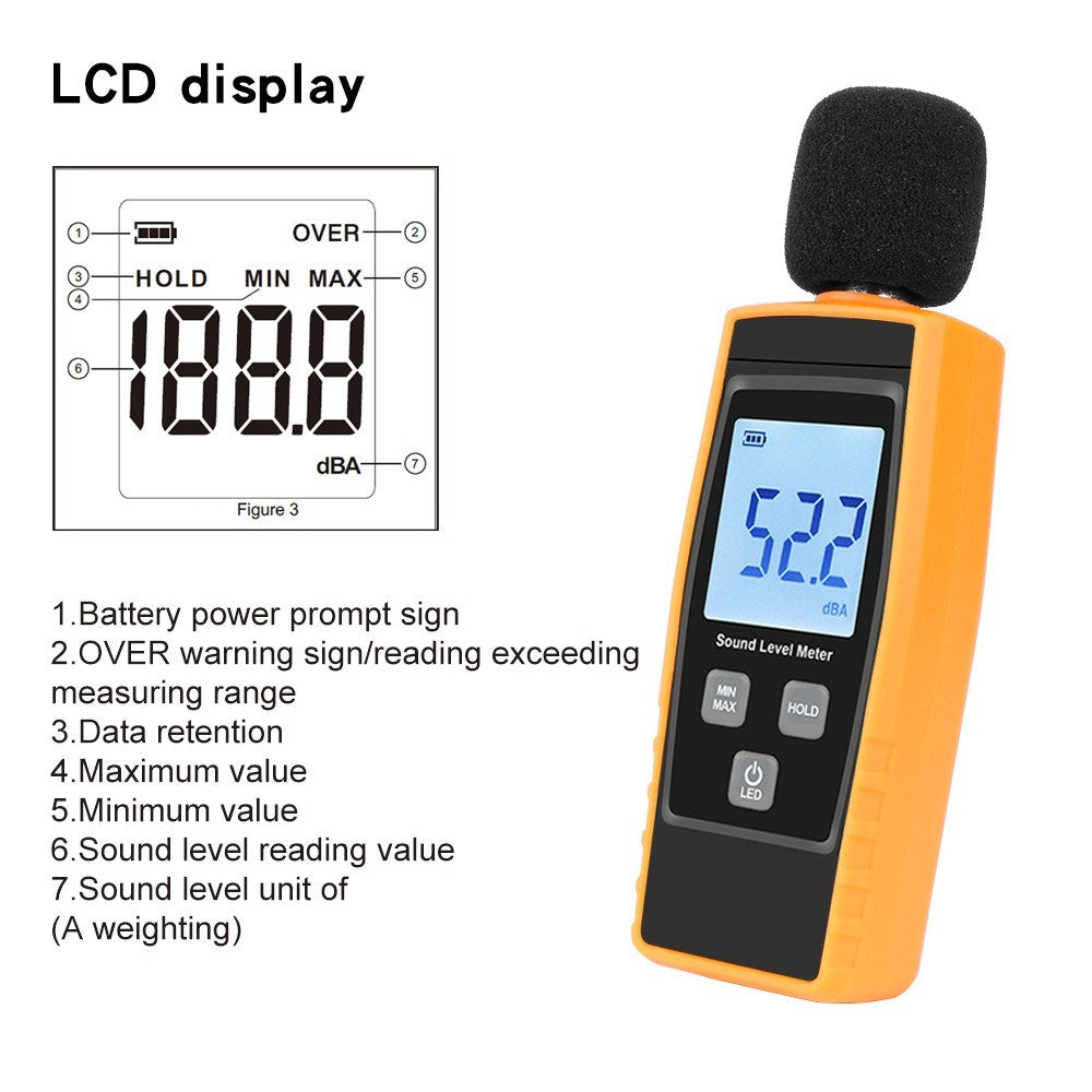 Digital Sound Level Meter 30-130dBA Noise Measuring Tool with Max/Min/Data Hold LCD Display