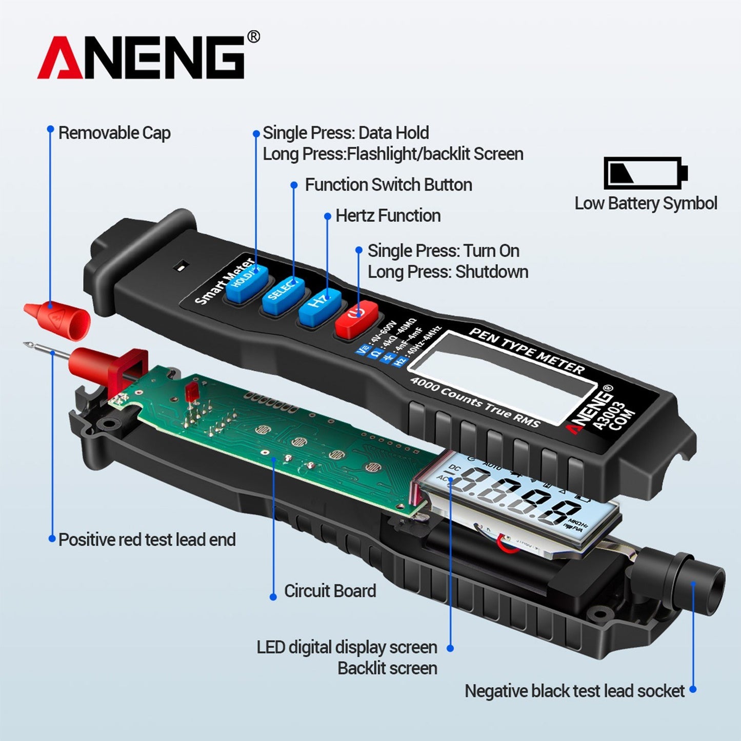 ANENG Handheld Digital Pen Multimeter, 4000 Counts LCD with NCV, AC/DC Voltmeter, Ohmmeter, Resistance, Capacitance, Frequency Testing, Live Line Detection, Data Hold, and Flashlight