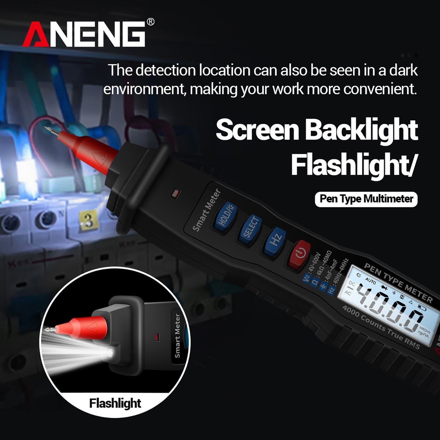 ANENG Handheld Digital Pen Multimeter, 4000 Counts LCD with NCV, AC/DC Voltmeter, Ohmmeter, Resistance, Capacitance, Frequency Testing, Live Line Detection, Data Hold, and Flashlight