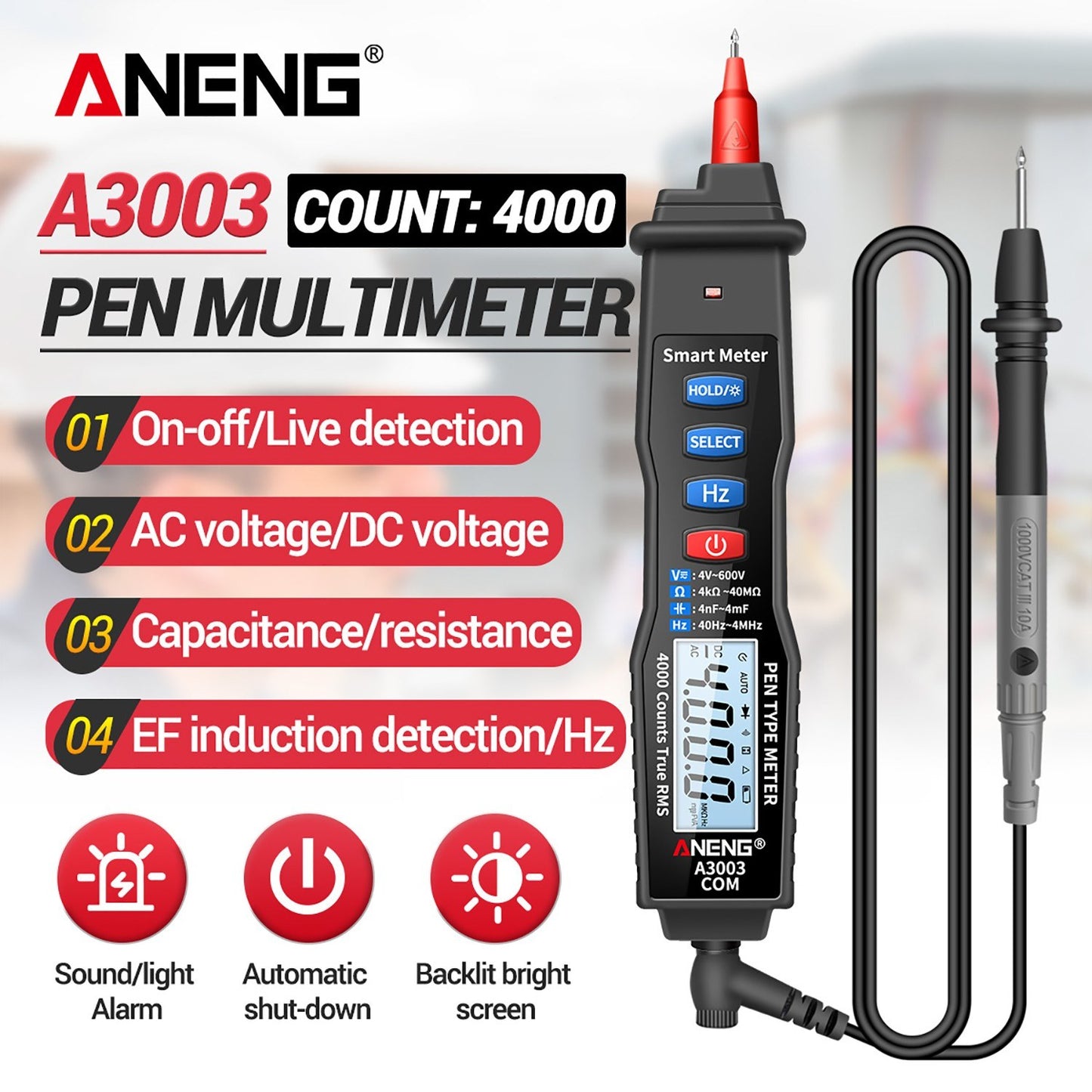 ANENG Handheld Digital Pen Multimeter, 4000 Counts LCD with NCV, AC/DC Voltmeter, Ohmmeter, Resistance, Capacitance, Frequency Testing, Live Line Detection, Data Hold, and Flashlight