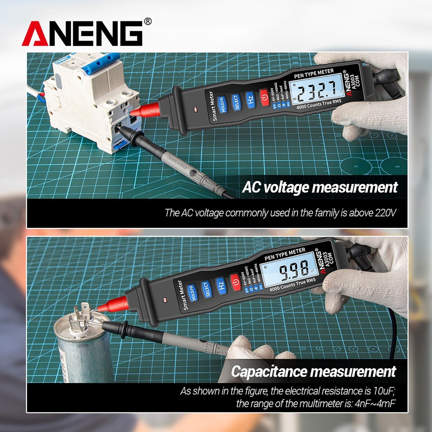 ANENG Handheld Digital Pen Multimeter, 4000 Counts LCD with NCV, AC/DC Voltmeter, Ohmmeter, Resistance, Capacitance, Frequency Testing, Live Line Detection, Data Hold, and Flashlight