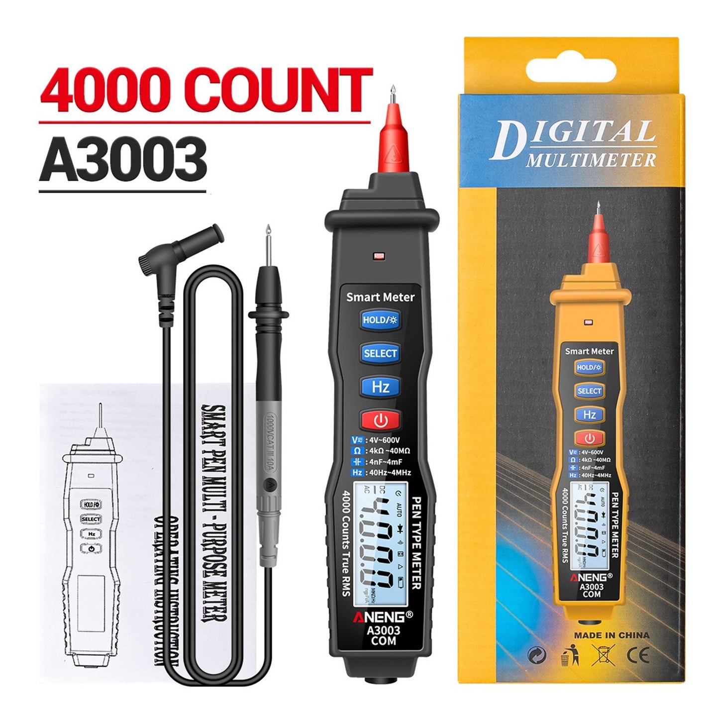 ANENG Handheld Digital Pen Multimeter, 4000 Counts LCD with NCV, AC/DC Voltmeter, Ohmmeter, Resistance, Capacitance, Frequency Testing, Live Line Detection, Data Hold, and Flashlight
