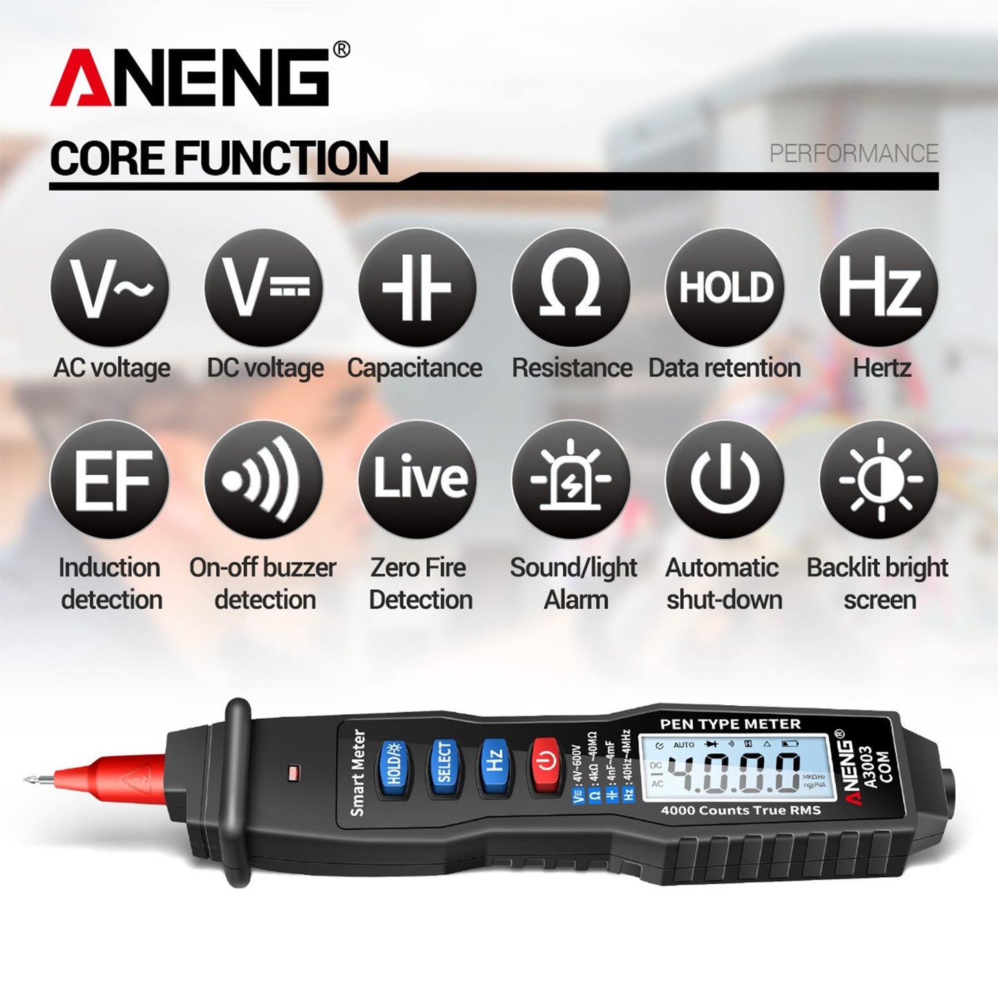 ANENG Handheld Digital Pen Multimeter, 4000 Counts LCD with NCV, AC/DC Voltmeter, Ohmmeter, Resistance, Capacitance, Frequency Testing, Live Line Detection, Data Hold, and Flashlight