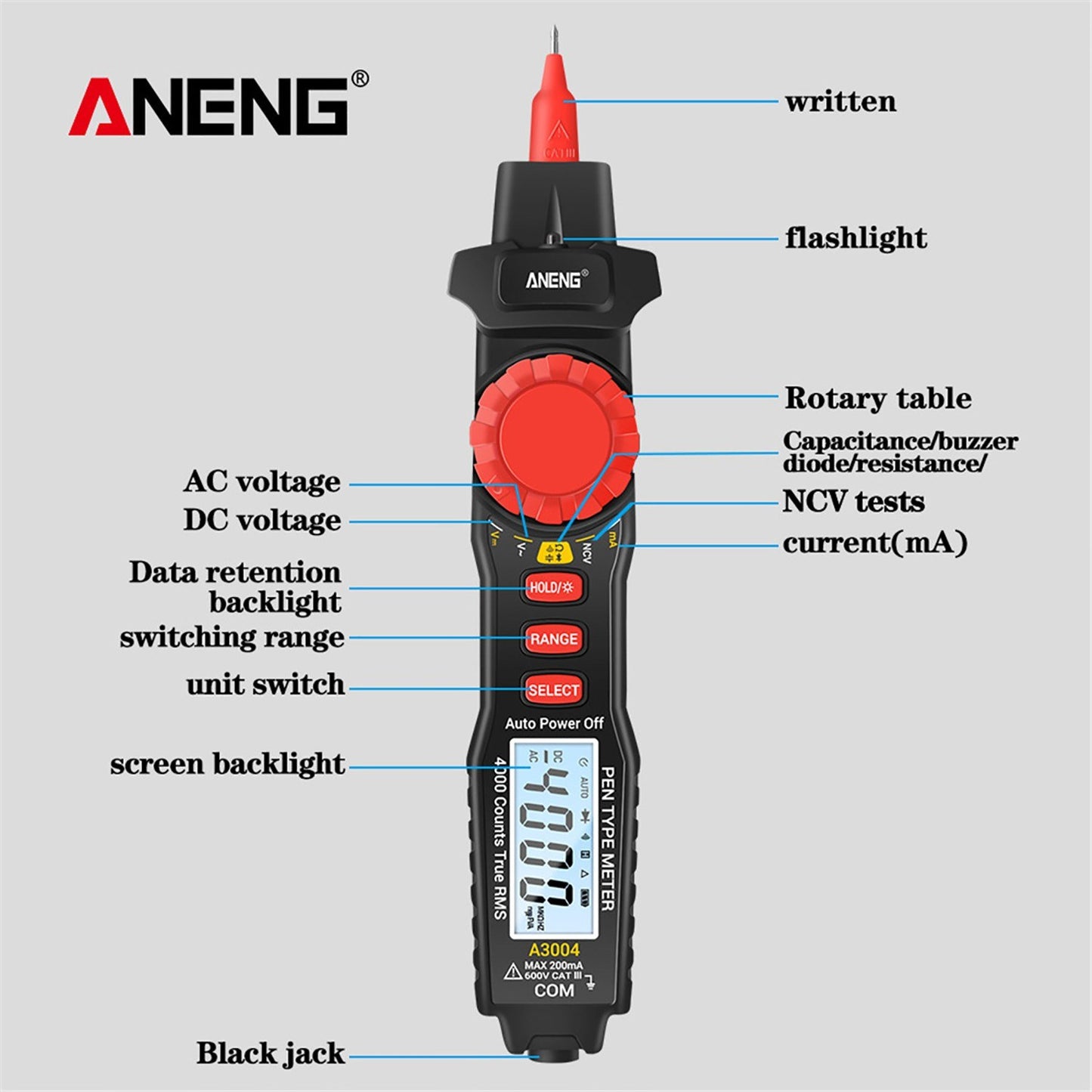 ANENG A3004 Digital Pen Multimeter with Auto Range NCV, Volt/Amp/Ohm Meter, Capacitance & Diode Test, Continuity Alarm, Backlit LCD, Data Hold, Flashlight