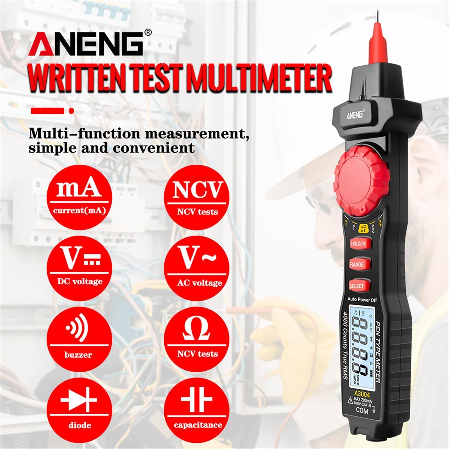 ANENG A3004 Digital Pen Multimeter with Auto Range NCV, Volt/Amp/Ohm Meter, Capacitance & Diode Test, Continuity Alarm, Backlit LCD, Data Hold, Flashlight