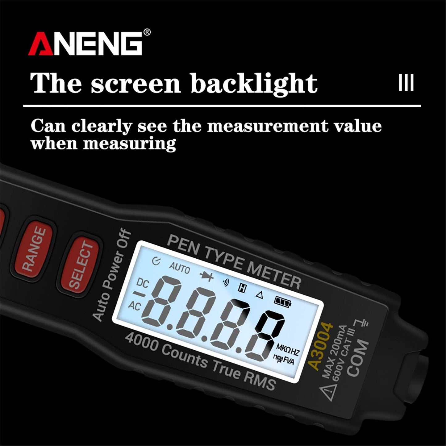 ANENG A3004 Digital Pen Multimeter with Auto Range NCV, Volt/Amp/Ohm Meter, Capacitance & Diode Test, Continuity Alarm, Backlit LCD, Data Hold, Flashlight