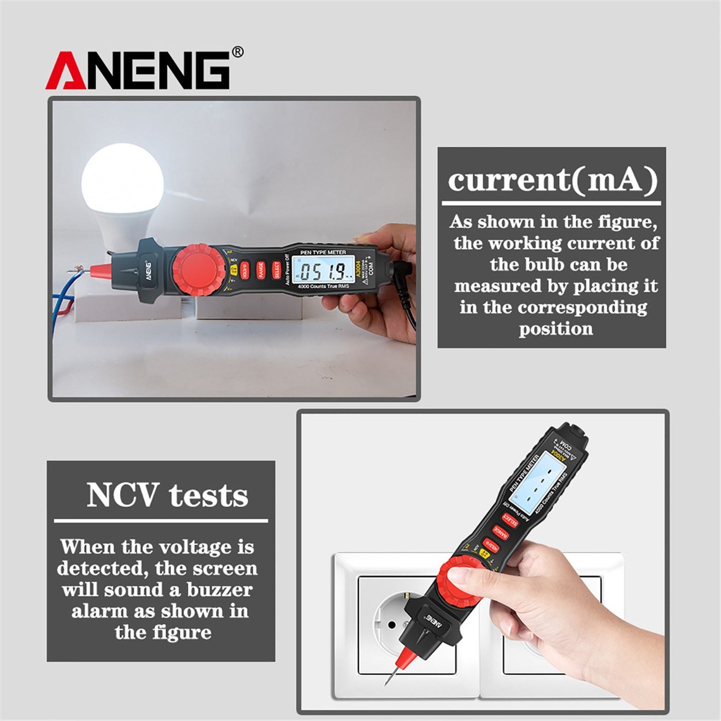 ANENG A3004 Digital Pen Multimeter with Auto Range NCV, Volt/Amp/Ohm Meter, Capacitance & Diode Test, Continuity Alarm, Backlit LCD, Data Hold, Flashlight