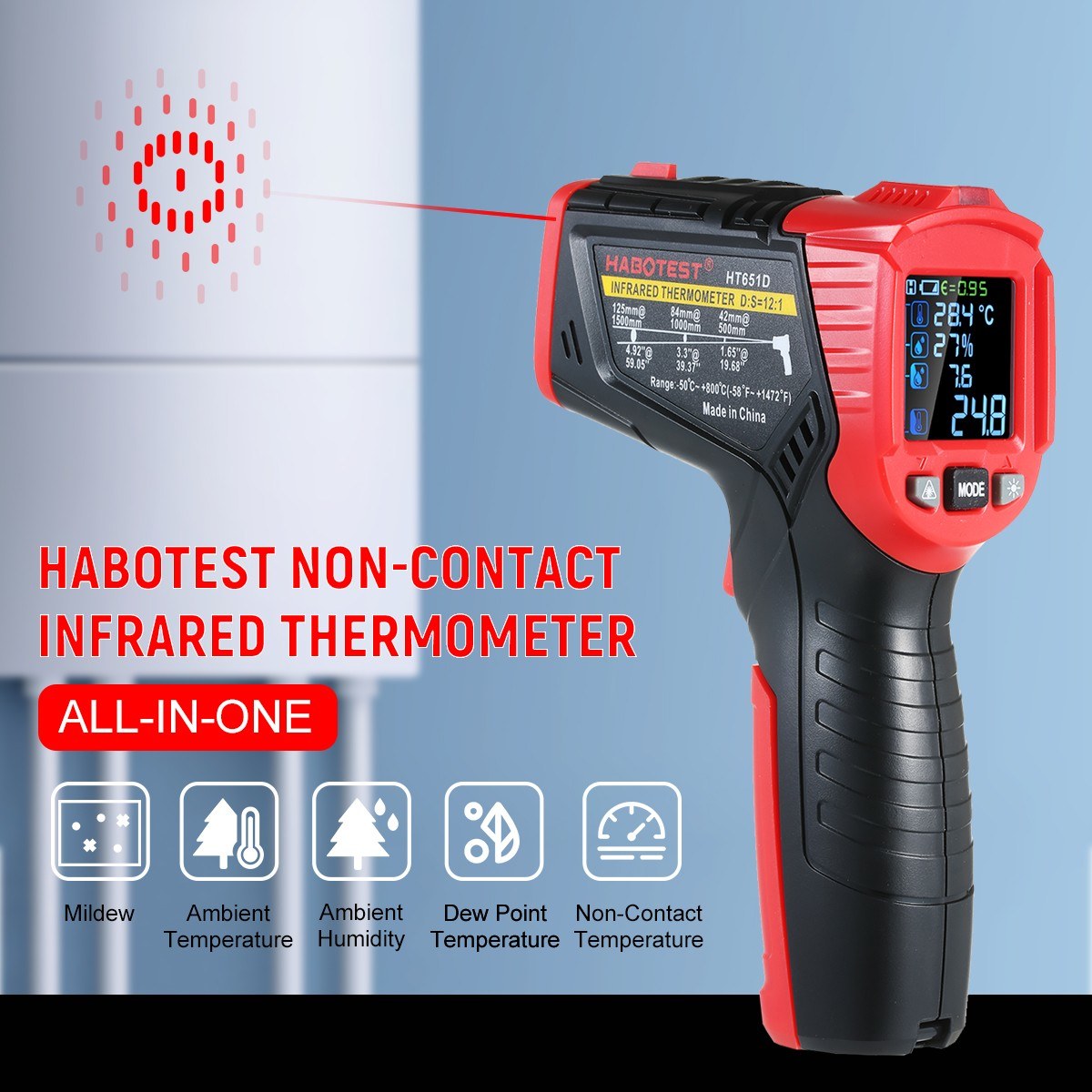 Multifunctional Infrared Thermometer with K-Type Thermocouple, UV Leak Detection, and Adjustable Emissivity for HVAC and Automotive Use