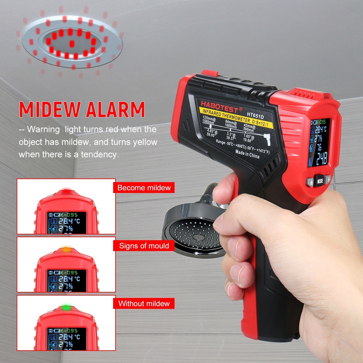 Multifunctional Infrared Thermometer with K-Type Thermocouple, UV Leak Detection, and Adjustable Emissivity for HVAC and Automotive Use