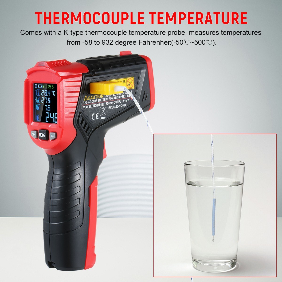 Multifunctional Infrared Thermometer with K-Type Thermocouple, UV Leak Detection, and Adjustable Emissivity for HVAC and Automotive Use
