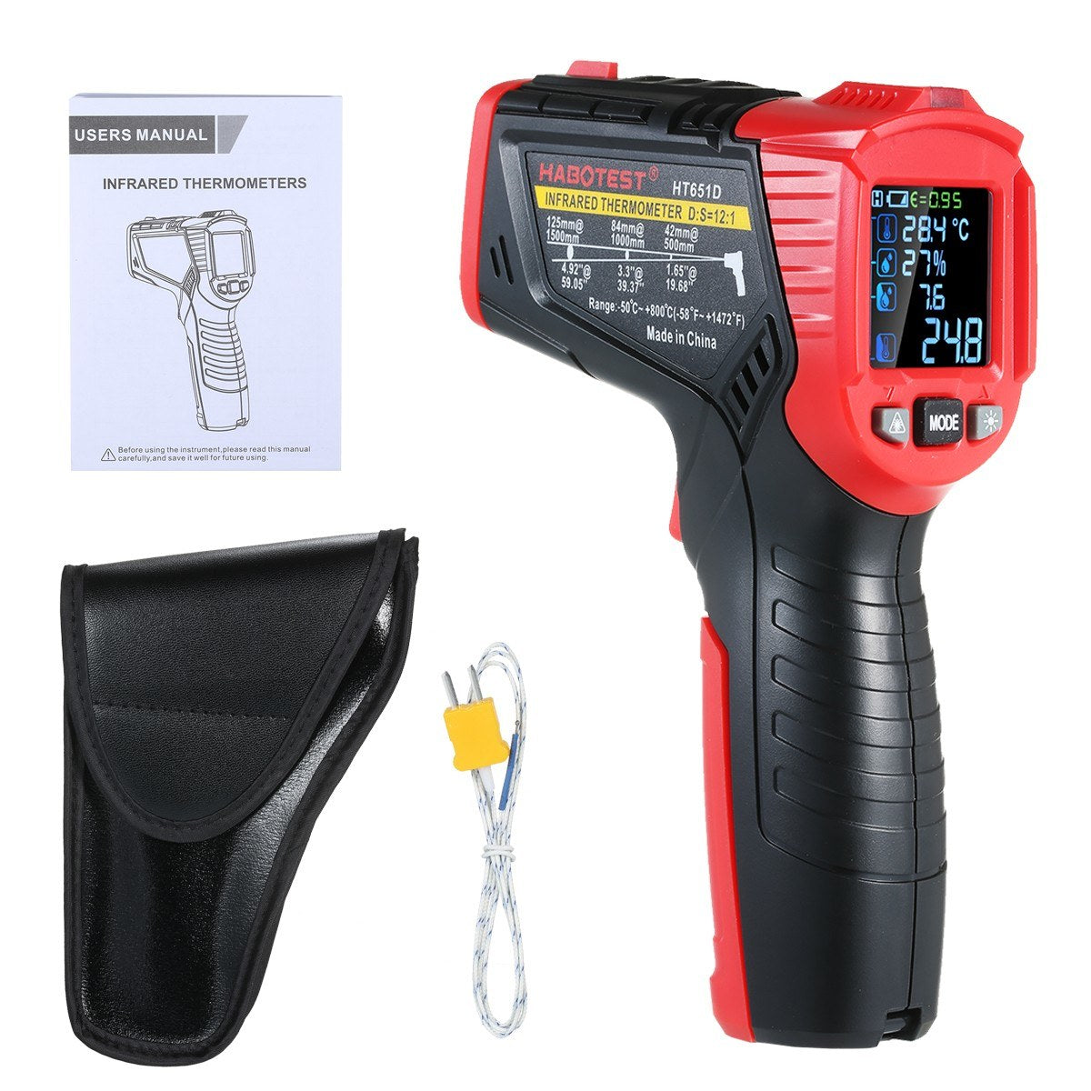 Multifunctional Infrared Thermometer with K-Type Thermocouple, UV Leak Detection, and Adjustable Emissivity for HVAC and Automotive Use