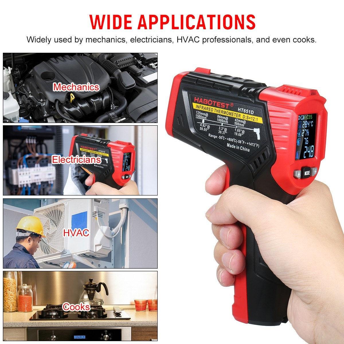 Multifunctional Infrared Thermometer with K-Type Thermocouple, UV Leak Detection, and Adjustable Emissivity for HVAC and Automotive Use