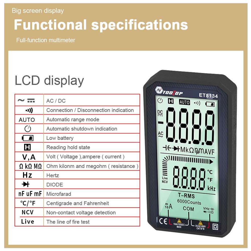 TOOLTOP ET8134 Portable 4.7 LCD Multimeter - DC/AC Voltage & Current, Capacitance, Resistance Measurement with Backlight