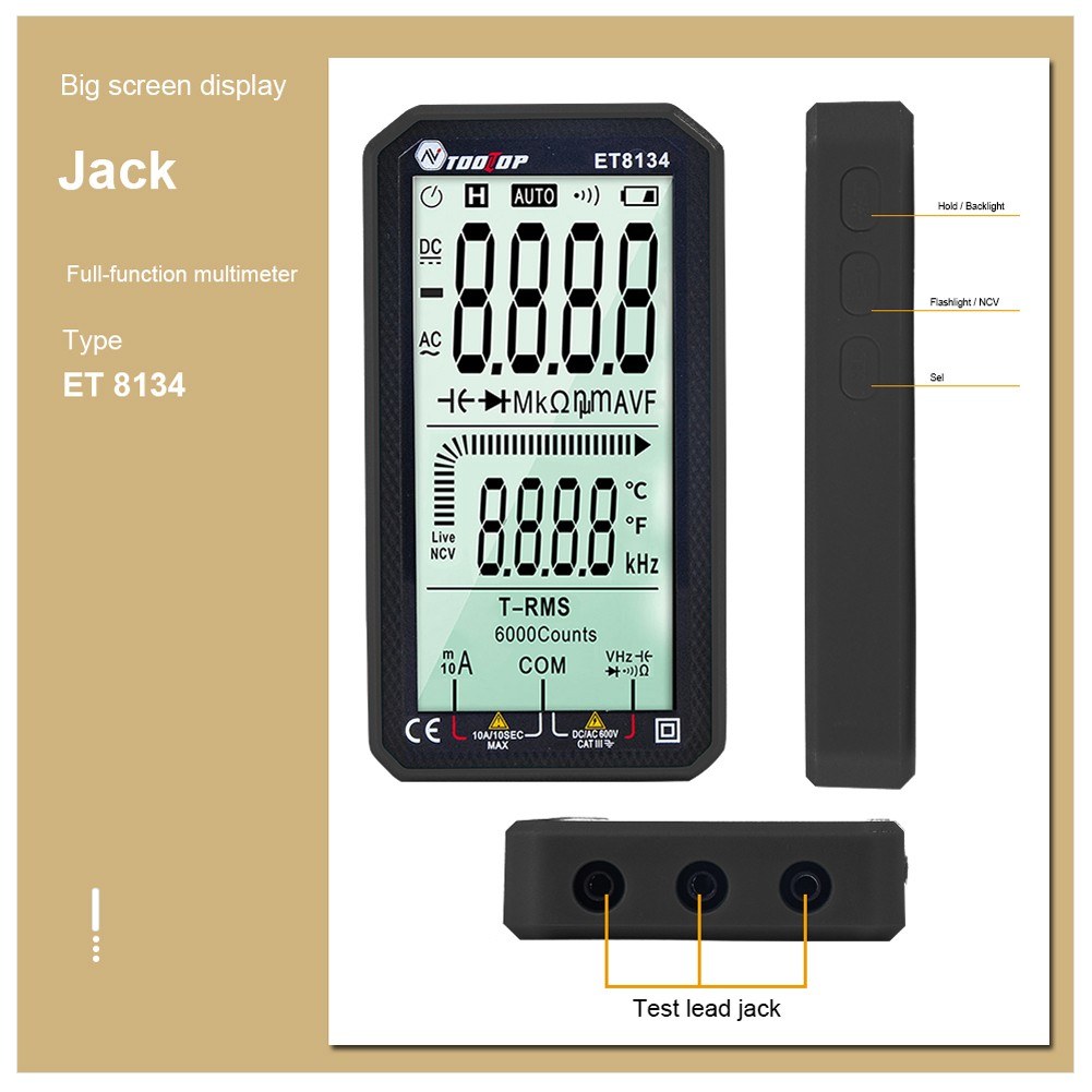 TOOLTOP ET8134 Portable 4.7 LCD Multimeter - DC/AC Voltage & Current, Capacitance, Resistance Measurement with Backlight