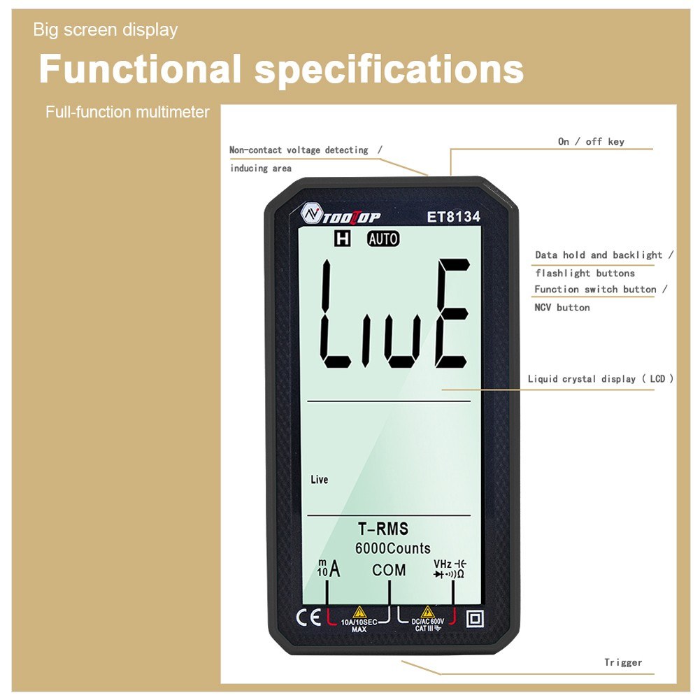 TOOLTOP ET8134 Portable 4.7 LCD Multimeter - DC/AC Voltage & Current, Capacitance, Resistance Measurement with Backlight