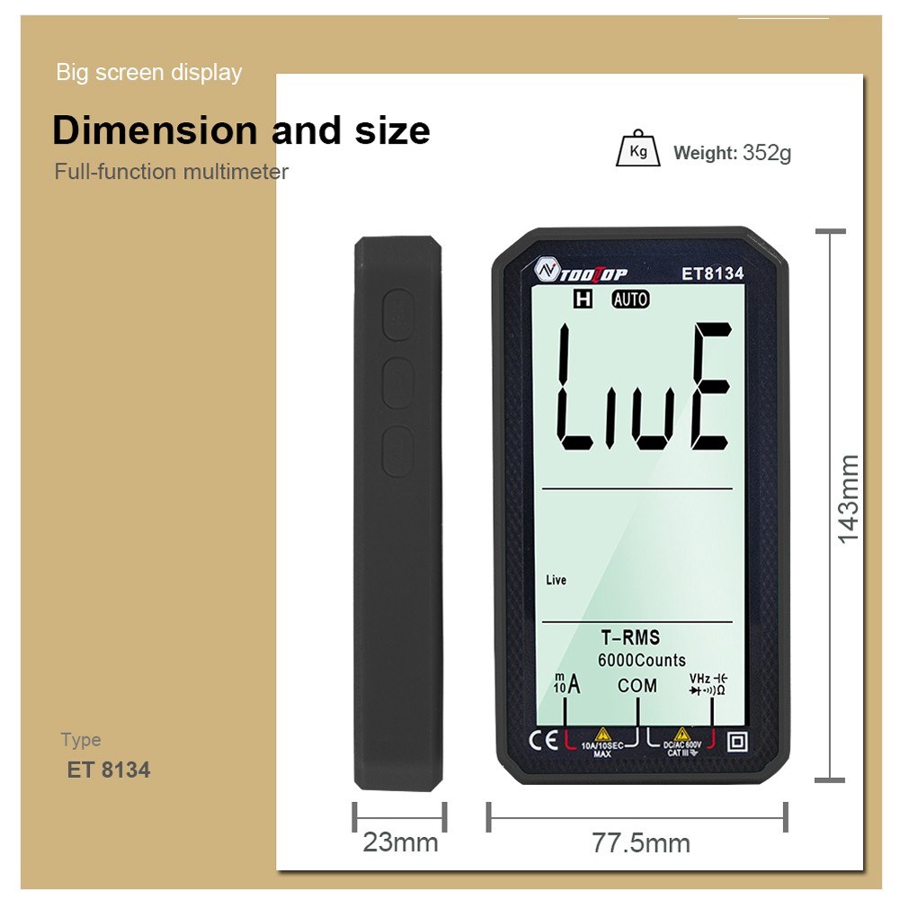 TOOLTOP ET8134 Portable 4.7 LCD Multimeter - DC/AC Voltage & Current, Capacitance, Resistance Measurement with Backlight