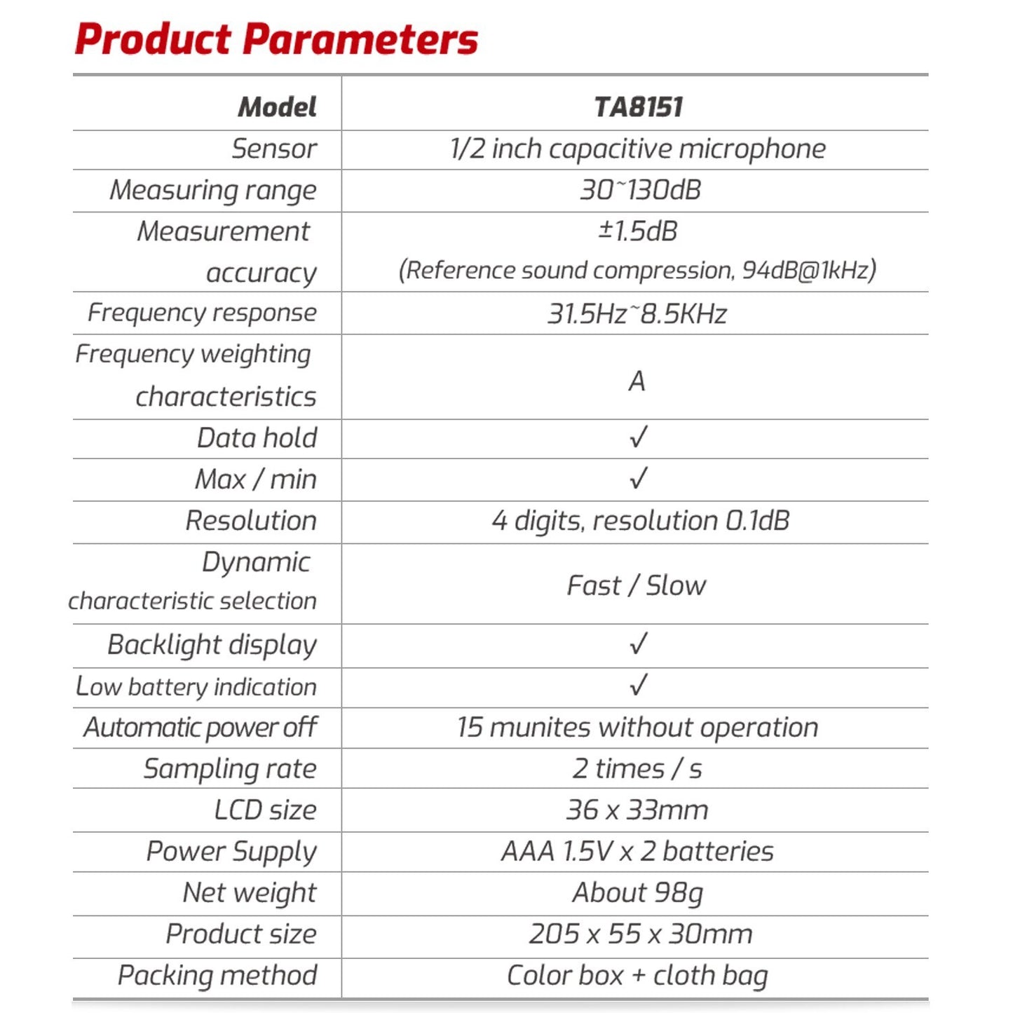 TA8151 Professional Digital Sound Level Meter - High-Precision Handheld Decibel Monitor 30-130dB Noise Tester
