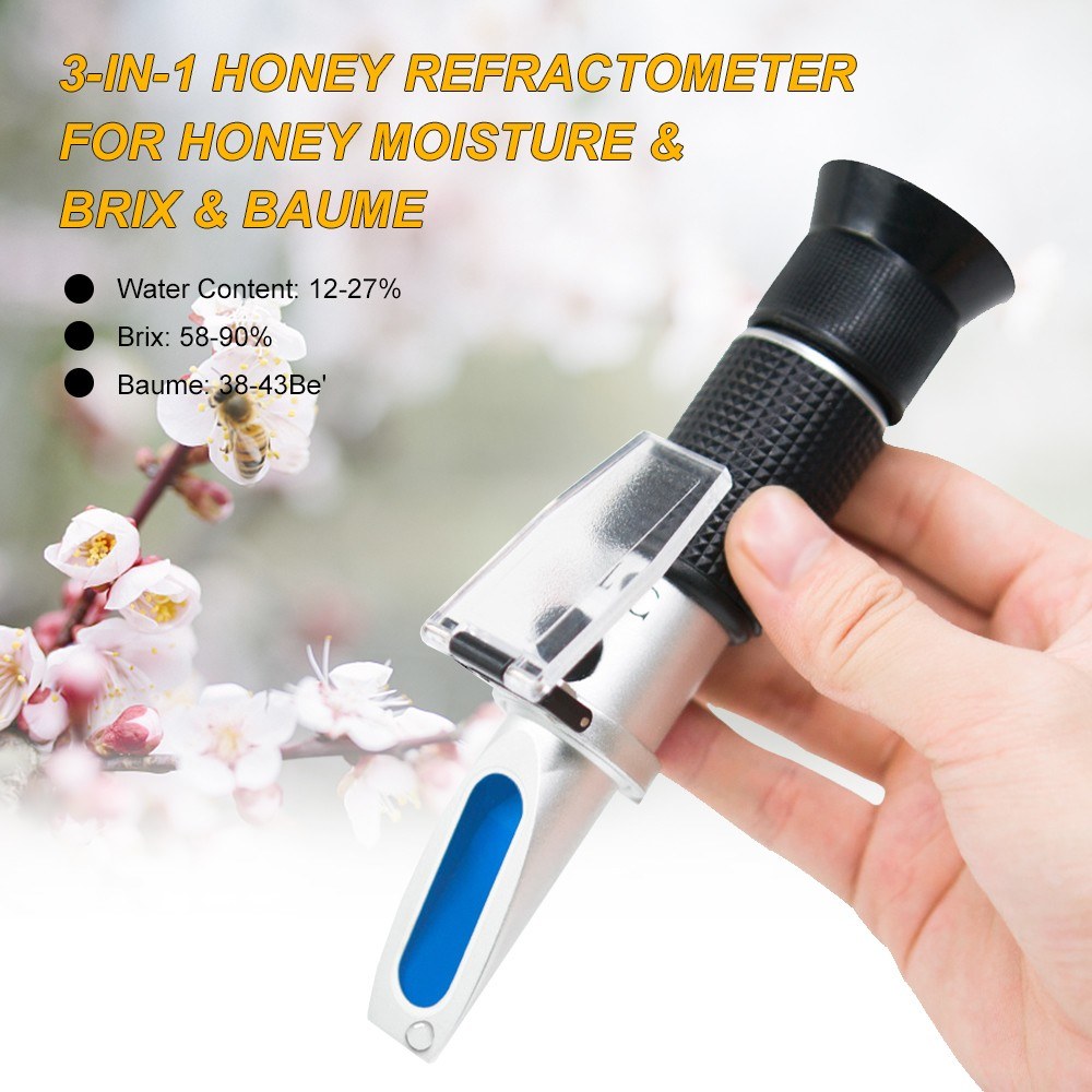 KKmoon 3-in-1 Handheld Honey Refractometer with ATC for Moisture, Brix & Baume in Honey, Maple Syrup & Molasses