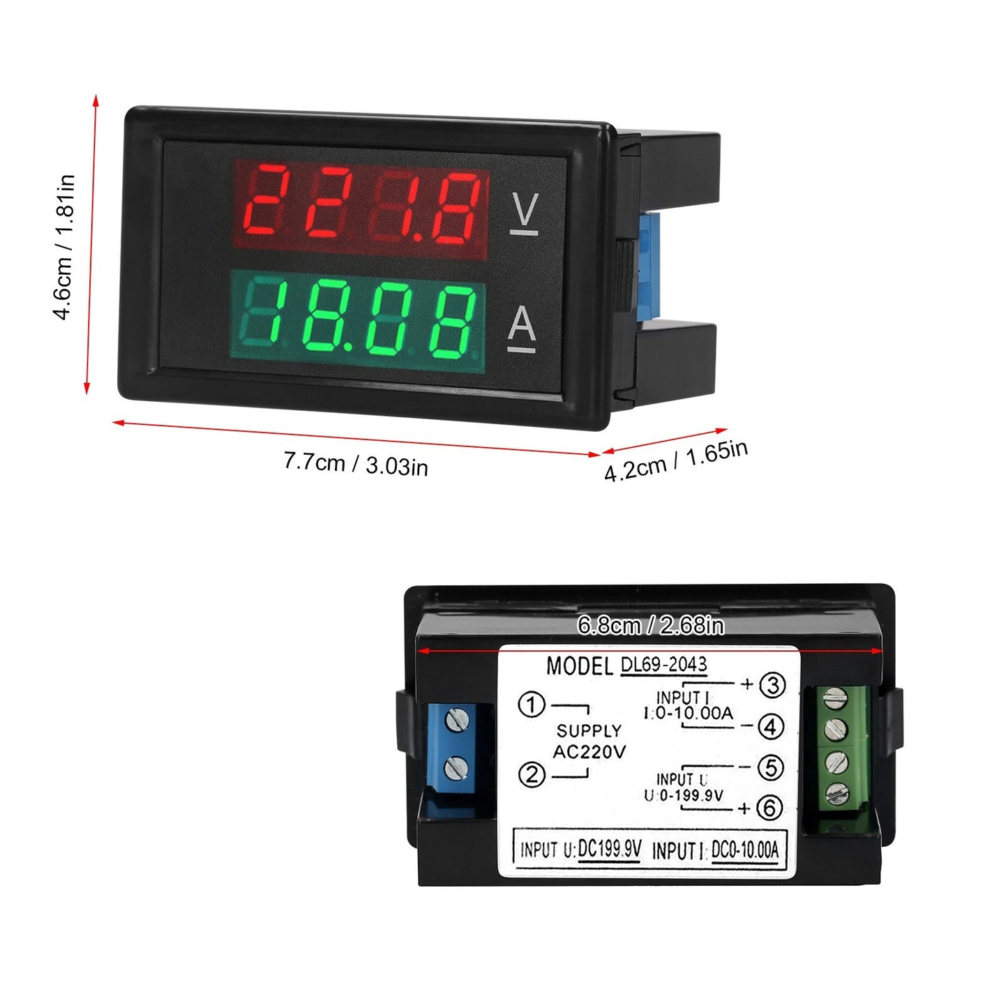 Dual Display Digital Voltmeter Ammeter - Voltage & Current Tester with Red & Green LCD