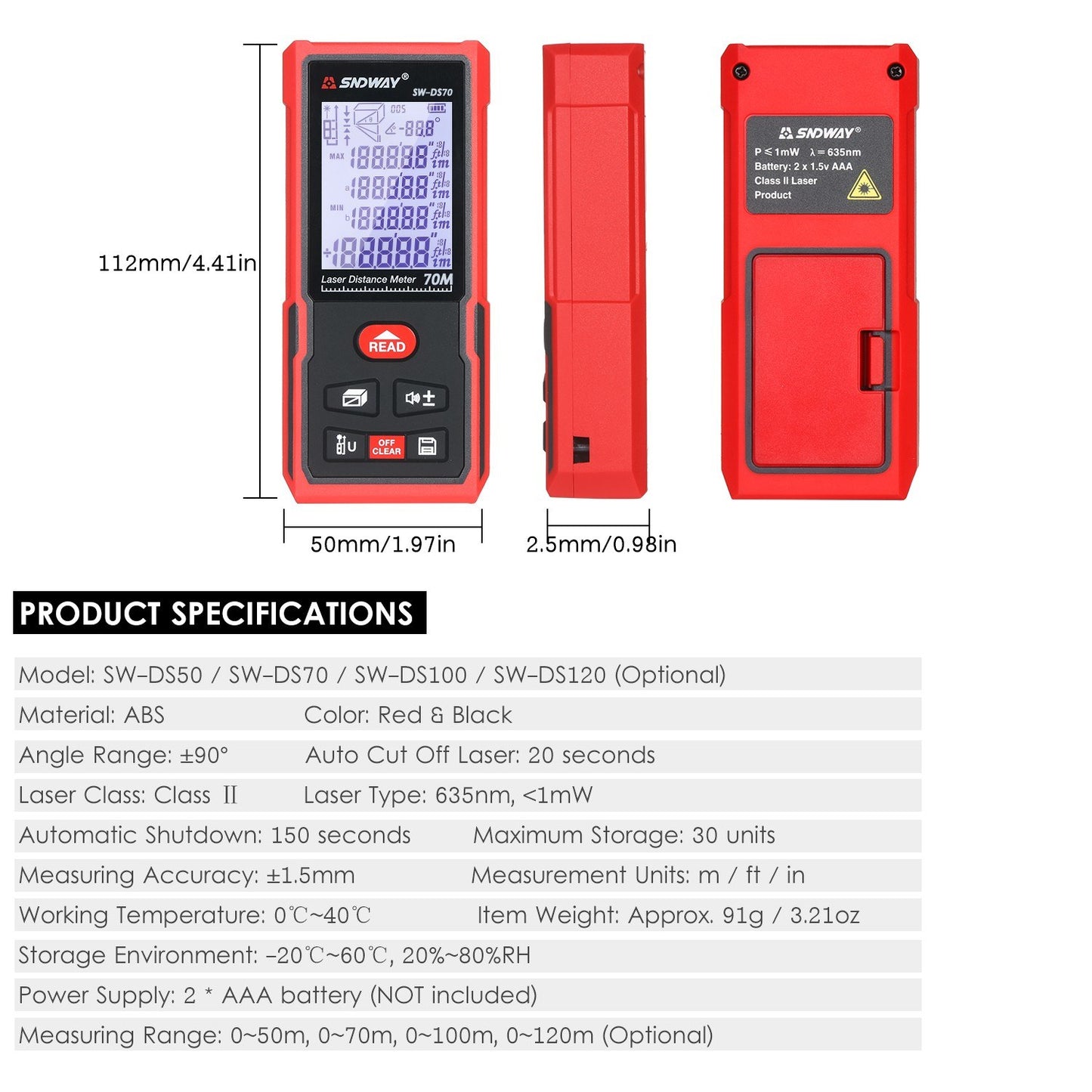 Portable SNDWAY 70M Laser Distance Meter - High Precision Digital Rangefinder & Infrared Ruler