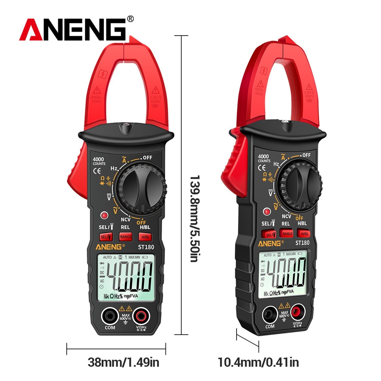 ANENG ST180 Digital Clamp Multimeter: 4000 Counts, AC/DC Voltage/Current, NCV, Temperature -30~1000℃, Resistance, Capacitance, Frequency, Diode Tester