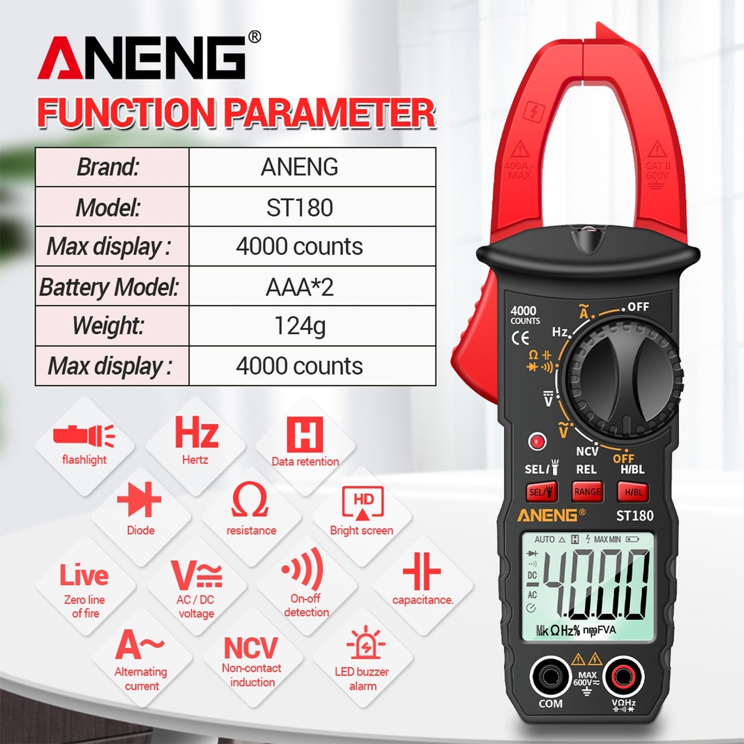 ANENG ST180 Digital Clamp Multimeter: 4000 Counts, AC/DC Voltage/Current, NCV, Temperature -30~1000℃, Resistance, Capacitance, Frequency, Diode Tester